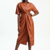 Hot * Solado Ruched Slit Hem Pu Leather Midi Dress Brown