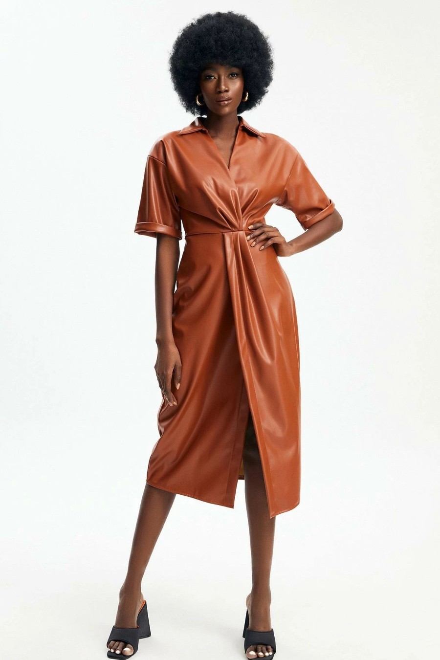 Hot * Solado Ruched Slit Hem Pu Leather Midi Dress Brown