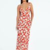 Clearance * Solado Plunging Neck Cut Out Floral Print Maxi Dress Red