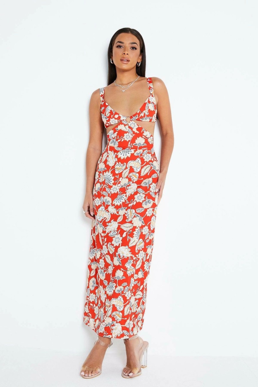 Clearance * Solado Plunging Neck Cut Out Floral Print Maxi Dress Red