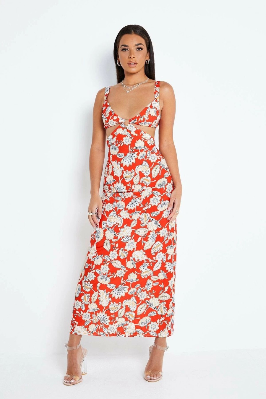 Clearance * Solado Plunging Neck Cut Out Floral Print Maxi Dress Red