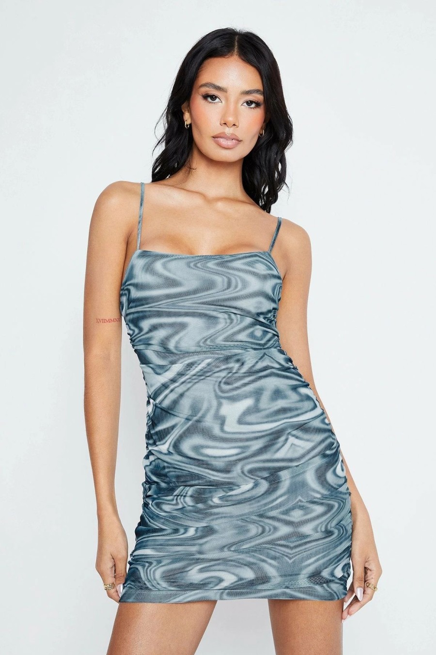 Clearance * Solado Swirl Print Cut Out Backless Bodycon Mini Dress Steelblue