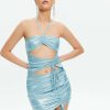 New * Solado Cut Out Halter Neck Drawstring Ruched Mini Dress Skyblue