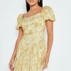 Online * Solado Square Neck Puff Sleeve Cinched Waist Mini Dress Yellow