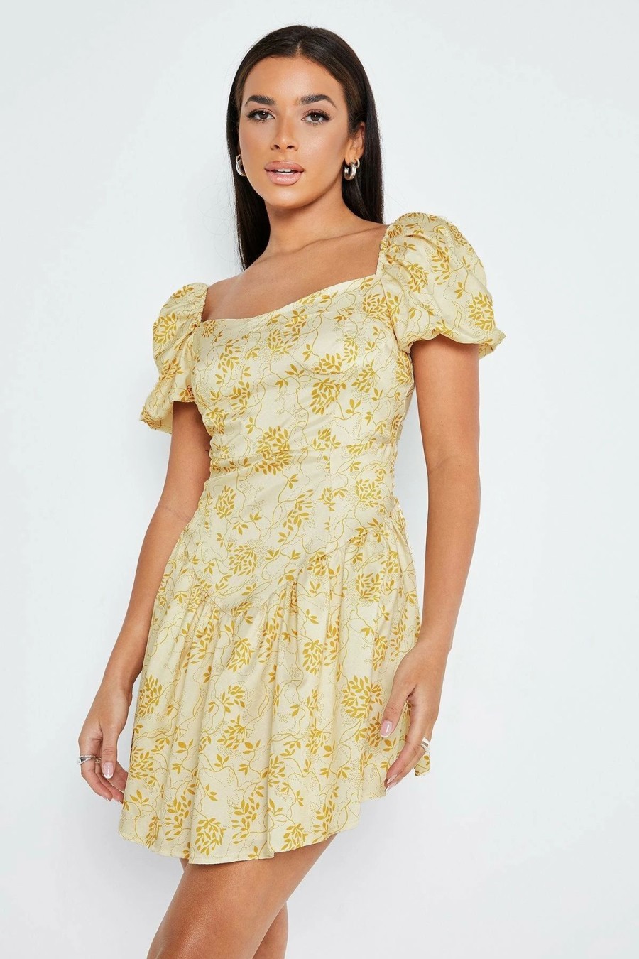 Online * Solado Square Neck Puff Sleeve Cinched Waist Mini Dress Yellow