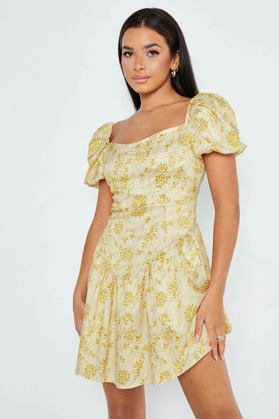 Online * Solado Square Neck Puff Sleeve Cinched Waist Mini Dress Yellow