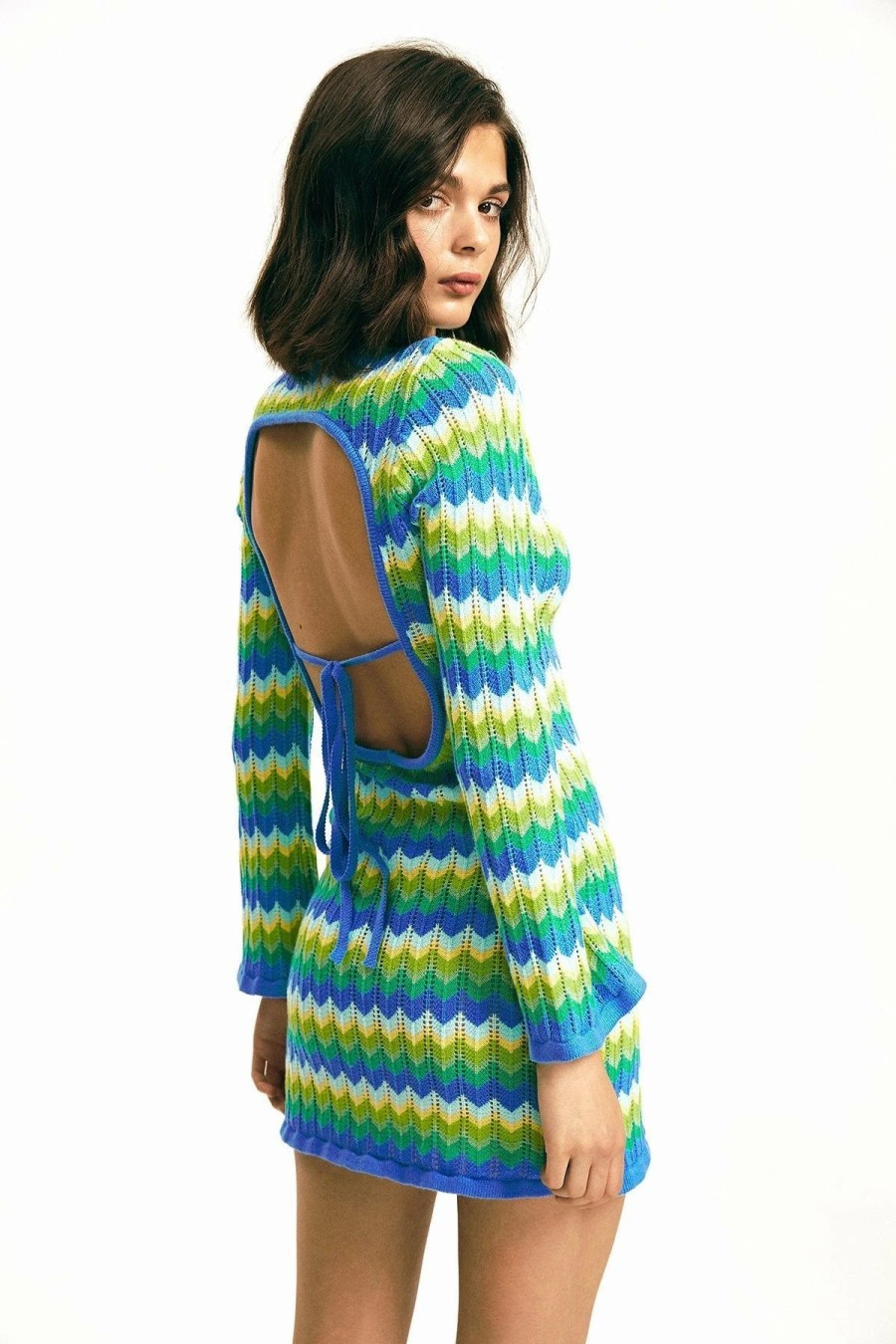 Best * Solado Open Back Stripe Print Long Sleeve Knitted Sweater Dress