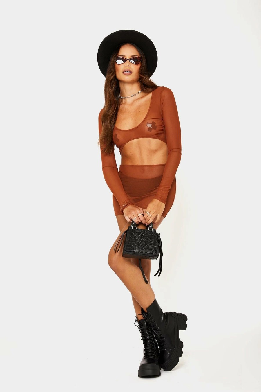 New * Solado Mesh Cut Out Long Sleeve Mini Dress Brown