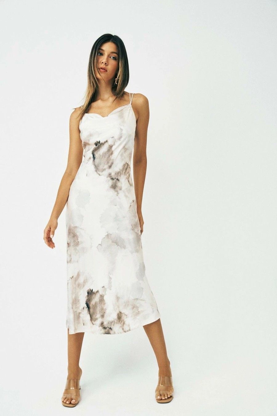 Online * Solado Abstract Print Cowl Neck Backless Midi Dress White