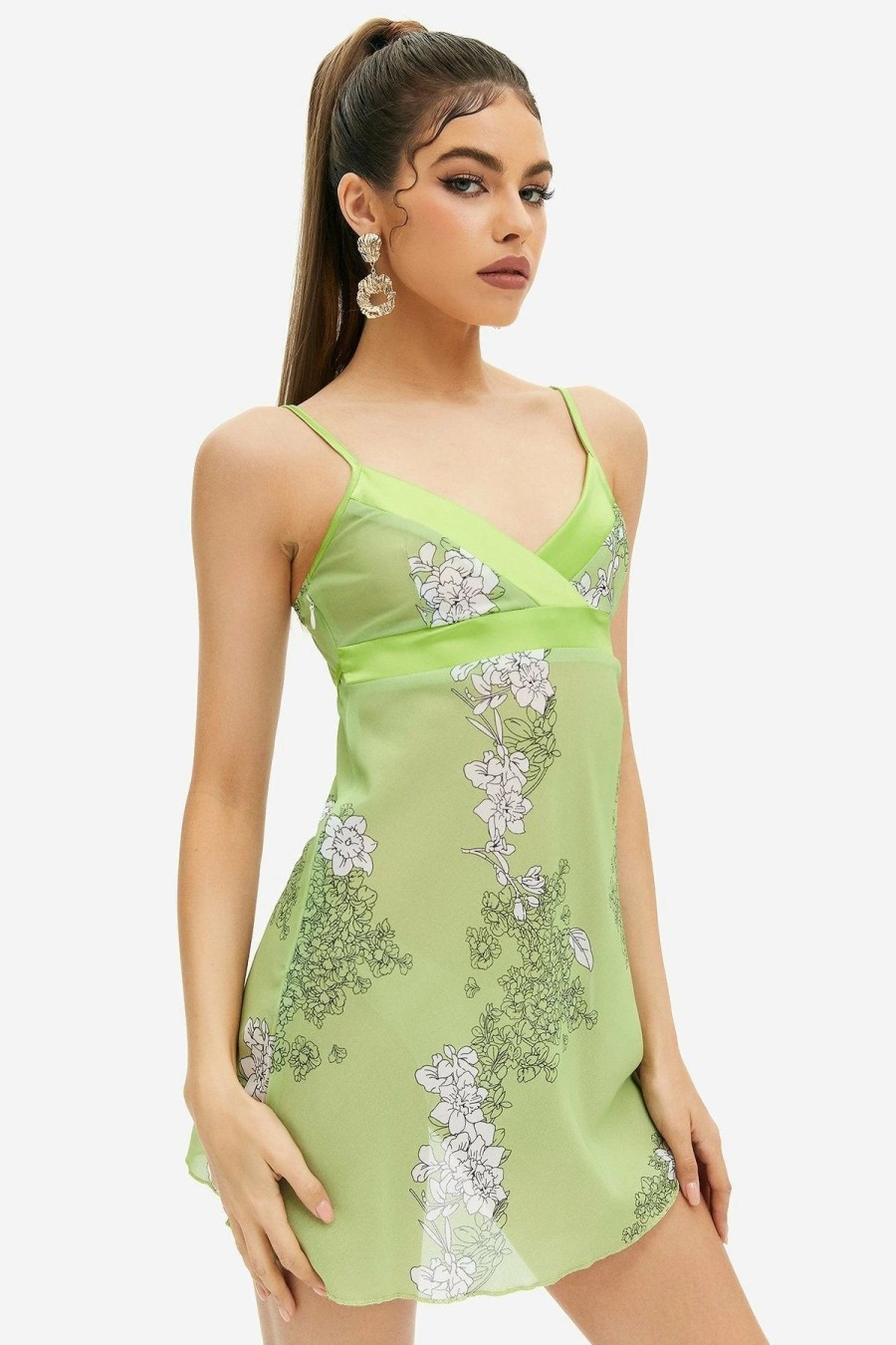 New * Solado Mesh Splicing Floral Printed Backless Mini Dress Lightgreen