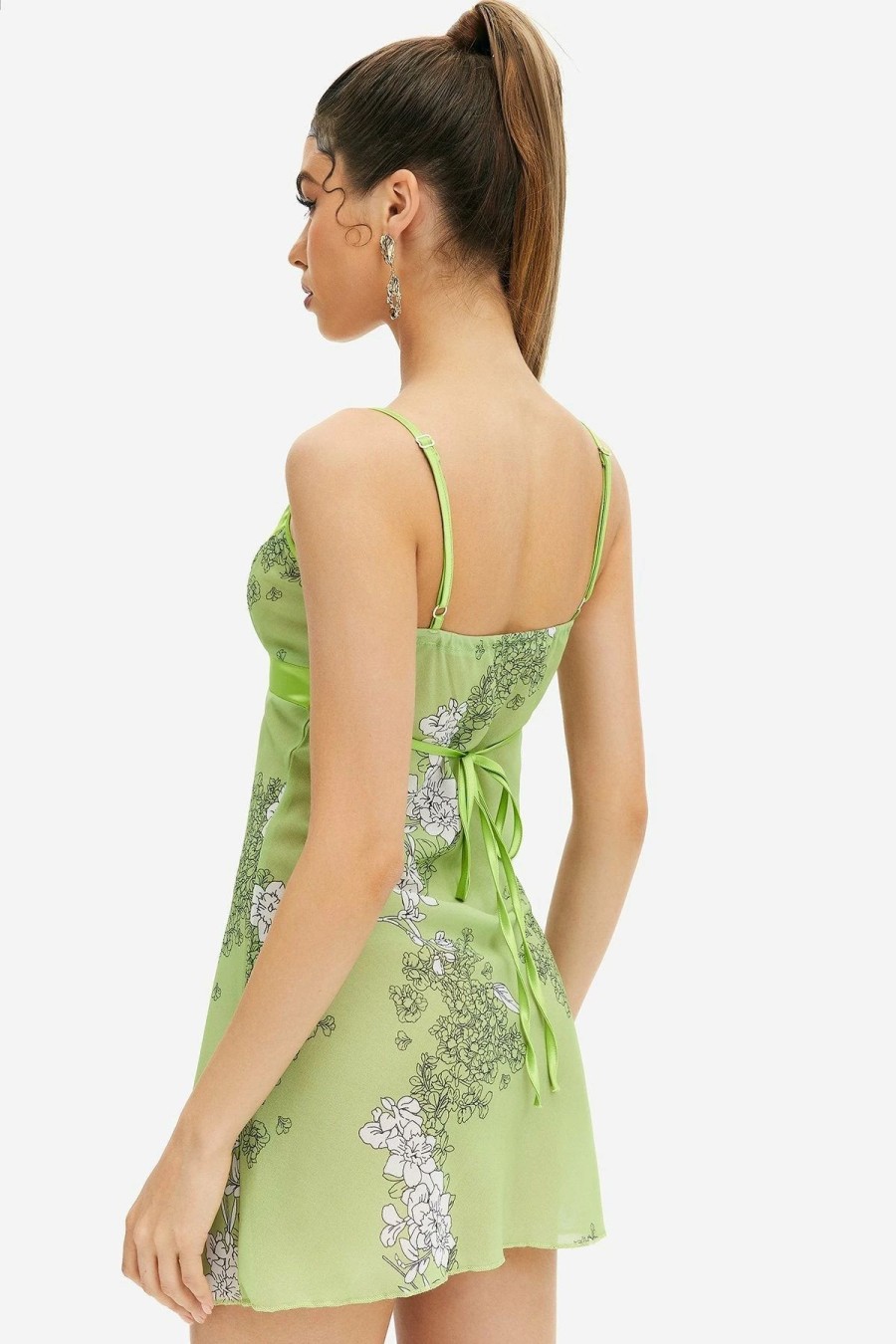 New * Solado Mesh Splicing Floral Printed Backless Mini Dress Lightgreen