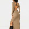 Clearance * Solado Twist Backless Stripe Knitted Split Hem Maxi Dress Tan