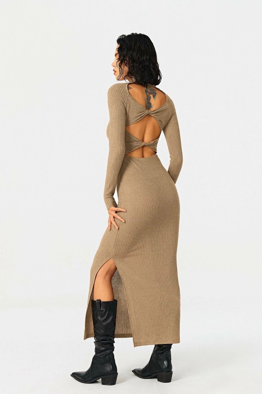 Clearance * Solado Twist Backless Stripe Knitted Split Hem Maxi Dress Tan