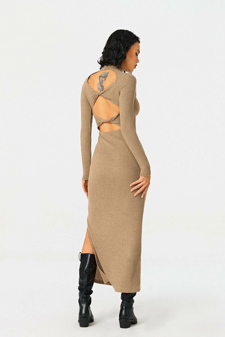 Clearance * Solado Twist Backless Stripe Knitted Split Hem Maxi Dress Tan