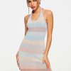 Clearance * Solado Halter Neck Contrast Color Stripe Knitted Midi Dress Pink