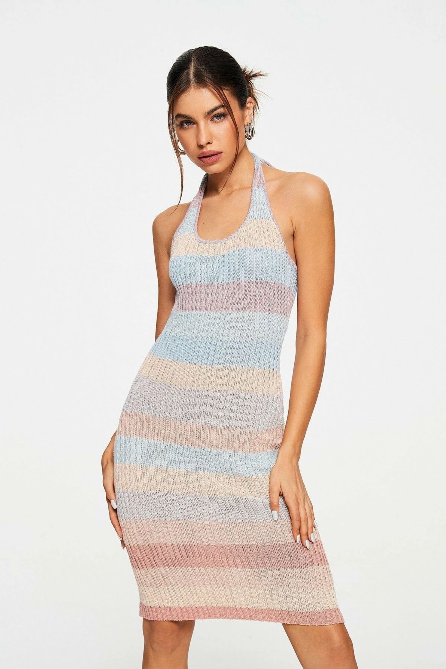 Clearance * Solado Halter Neck Contrast Color Stripe Knitted Midi Dress Pink