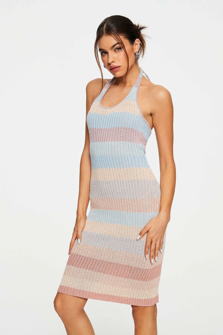 Clearance * Solado Halter Neck Contrast Color Stripe Knitted Midi Dress Pink