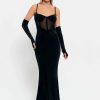 Best * Solado Plunging Neck Mesh Splicing Velvet Mermaid Dress With Oversleeve Black