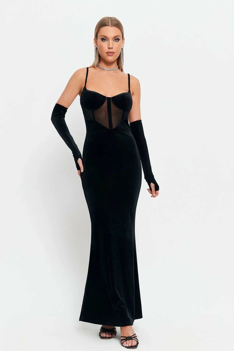 Best * Solado Plunging Neck Mesh Splicing Velvet Mermaid Dress With Oversleeve Black