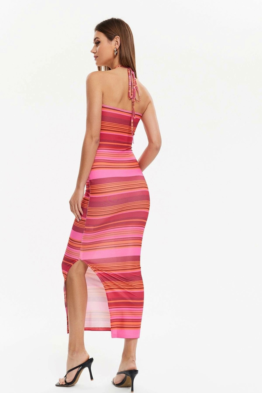 Wholesale * Solado Striped Print Split Hem Maxi Dress Deeppink