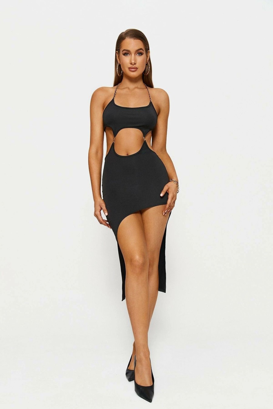 Hot * Solado Cut Out Asymmetrical Hem Backless Midi Dress Black