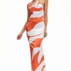 Best * Solado Satin Abstract Print Asymmetrical Neck Maxi Dress Orange