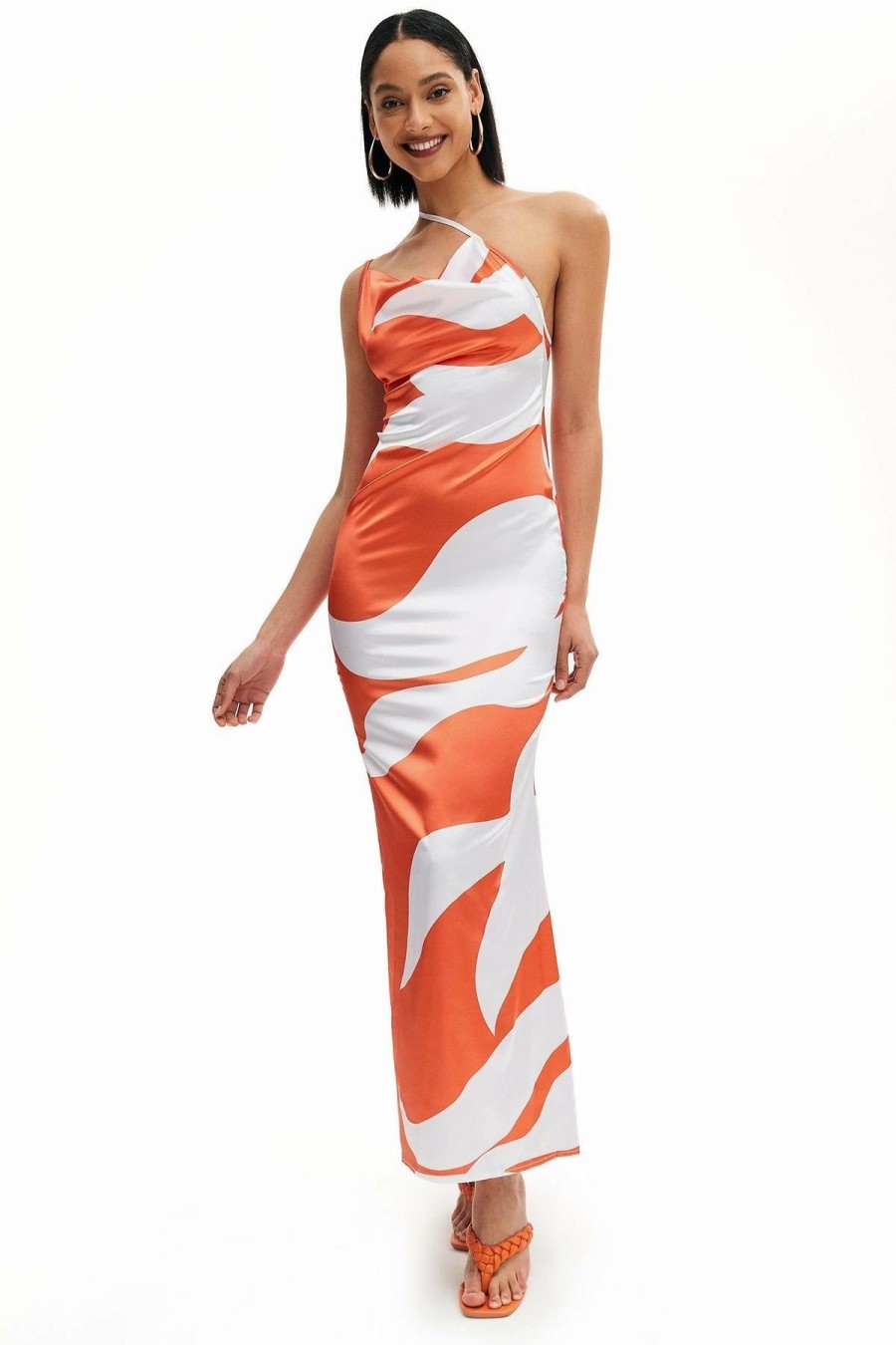 Best * Solado Satin Abstract Print Asymmetrical Neck Maxi Dress Orange