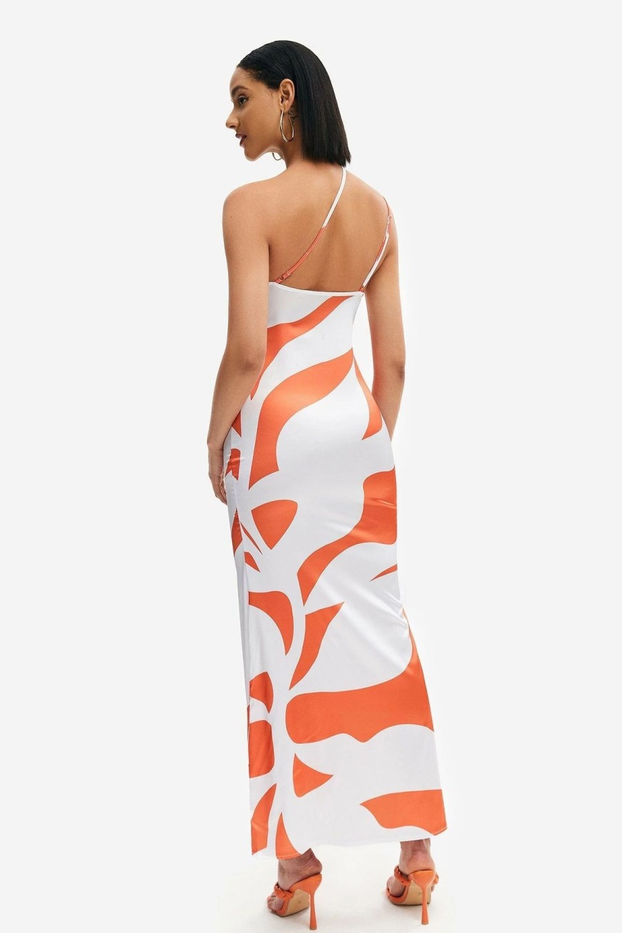 Best * Solado Satin Abstract Print Asymmetrical Neck Maxi Dress Orange