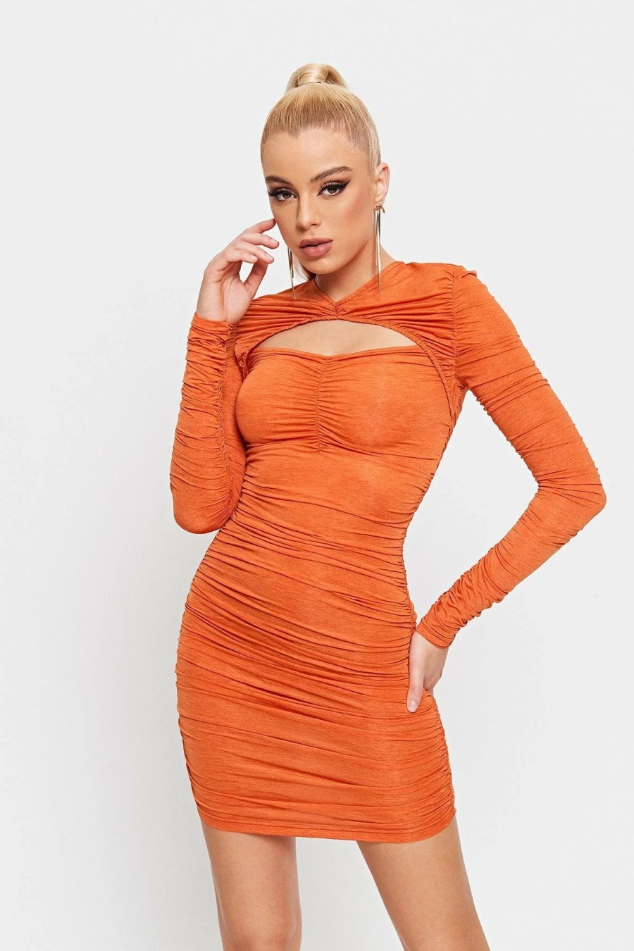 Wholesale * Solado Cut Out Ruched Bodycon Mini Dress Orange