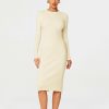 New * Solado Ribbed Knit Split Hem Bodycon Long Sleeve Midi Dress Beige