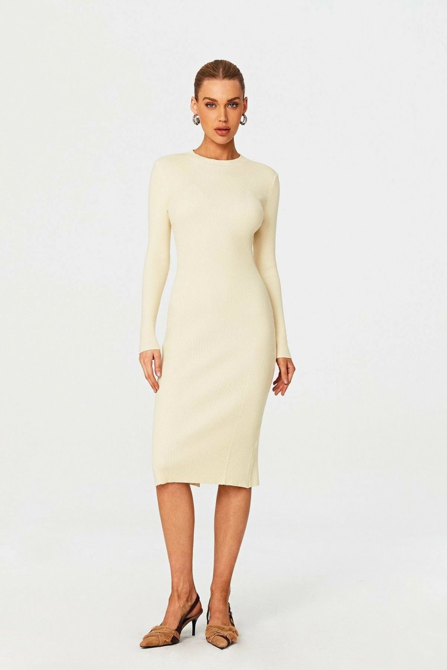 New * Solado Ribbed Knit Split Hem Bodycon Long Sleeve Midi Dress Beige