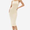 Clearance * Solado Cross Backless Split Hem Solid Cami Midi Dress Beige