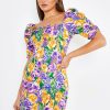 Online * Solado Square Neck Floral Print Puff Sleeve Mini Dress Plum