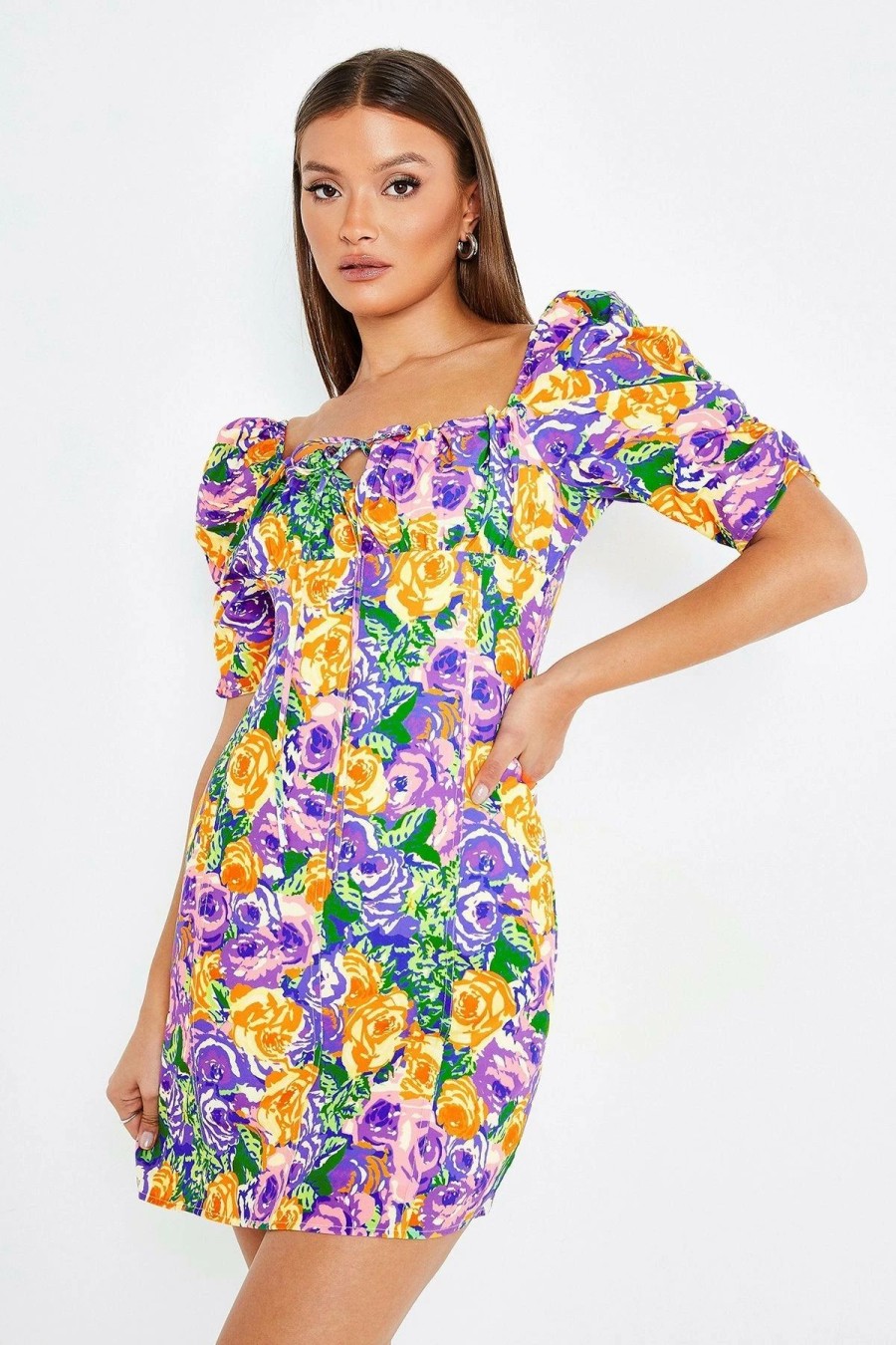 Online * Solado Square Neck Floral Print Puff Sleeve Mini Dress Plum