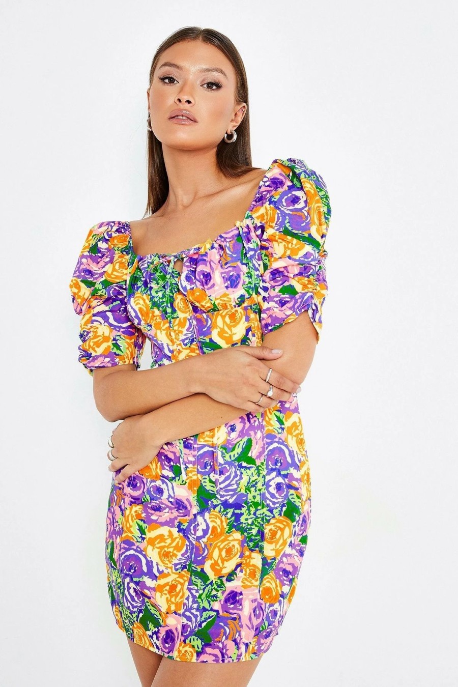 Online * Solado Square Neck Floral Print Puff Sleeve Mini Dress Plum