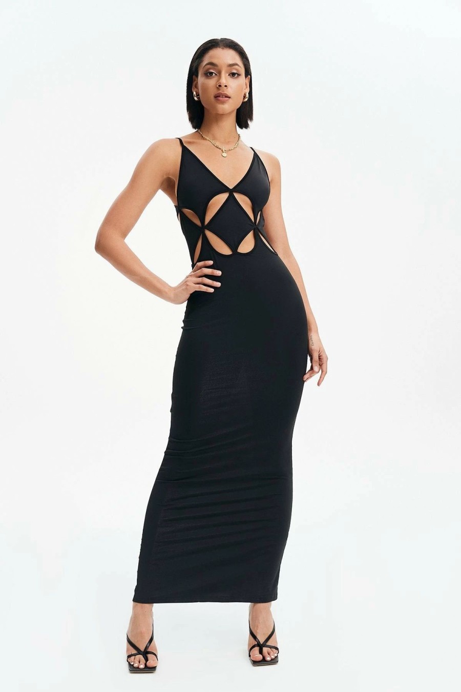 Hot * Solado Solid Backless Cut Out Maxi Dress Black