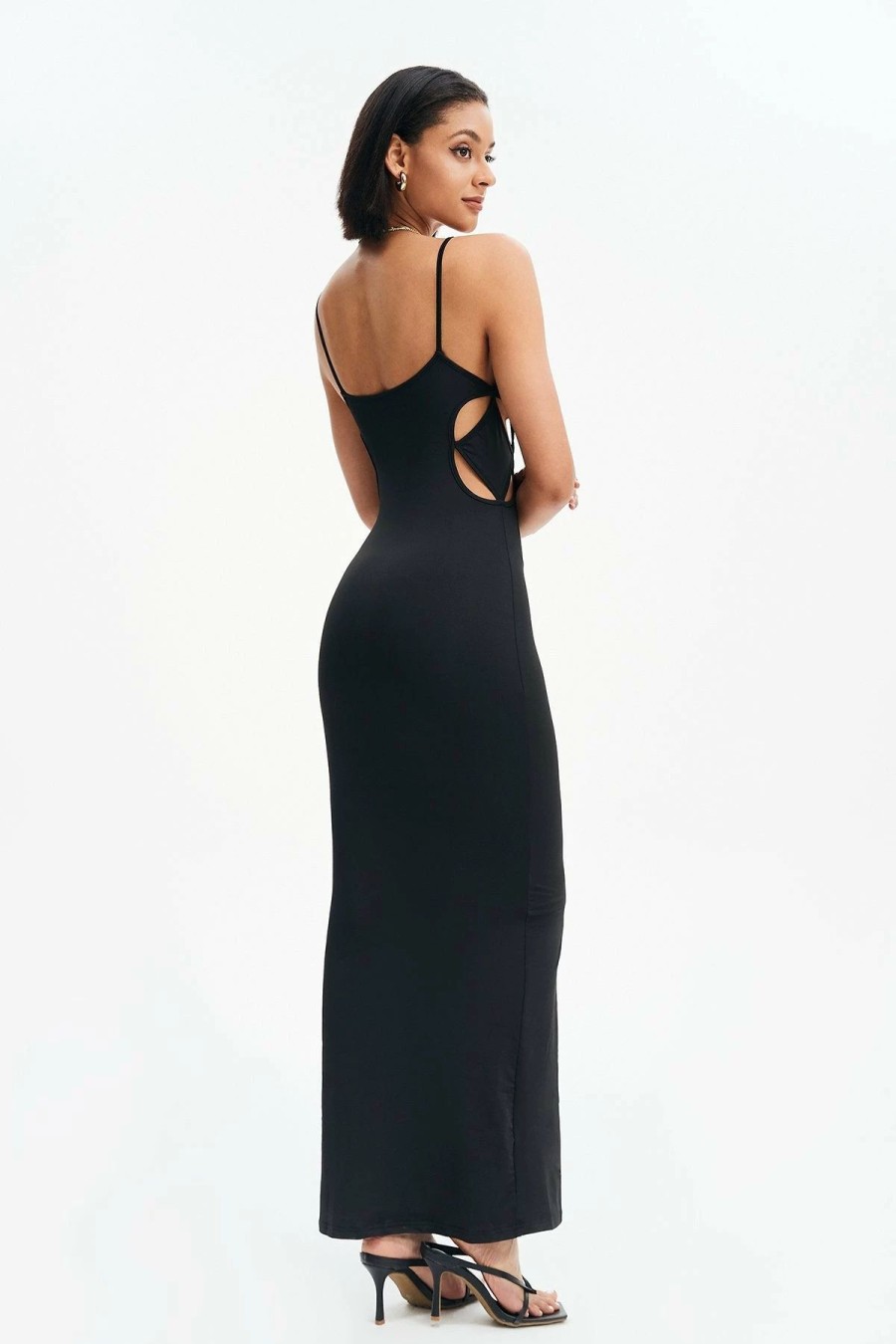 Hot * Solado Solid Backless Cut Out Maxi Dress Black