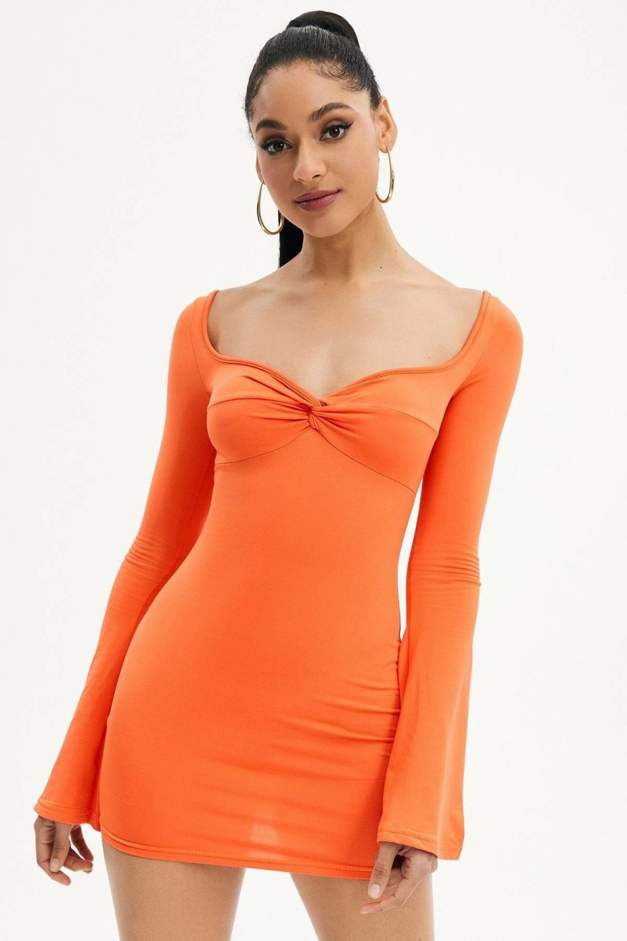 Wholesale * Solado Sweetheart Twist Front Flared Sleeve Mini Dress Orange