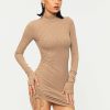 Clearance * Solado High Neck Thumb Hole Drawstring Ruched Mini Dress Tan