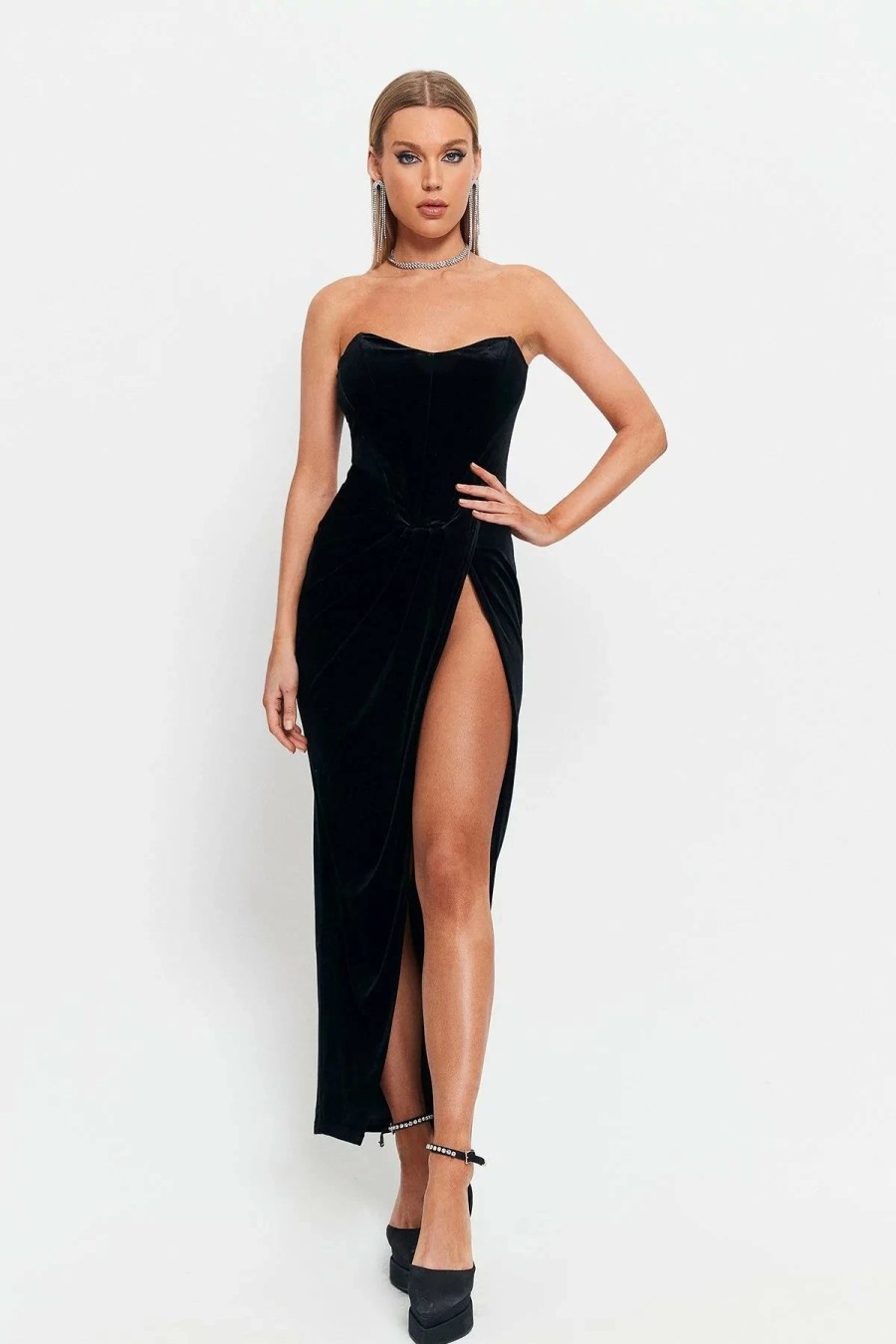 Best * Solado Off Shoulder Split Hem Velvet Maxi Dress Black