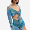 Clearance * Solado Tie Dye Mesh Cut Out Seam Trim Mini Dress Blue