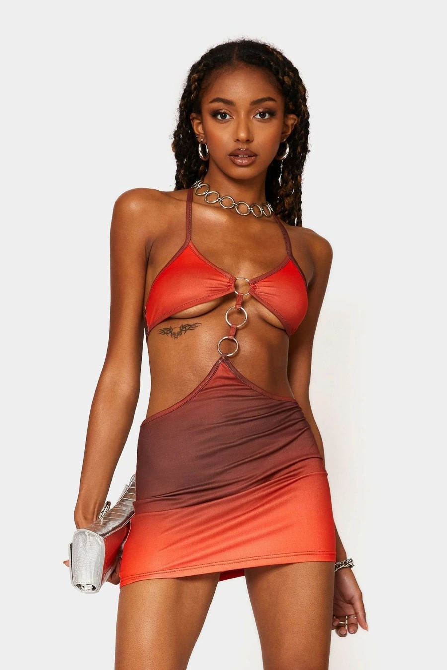 New * Solado Gradient Ring Decor Halter Neck Backless Mini Dress Red