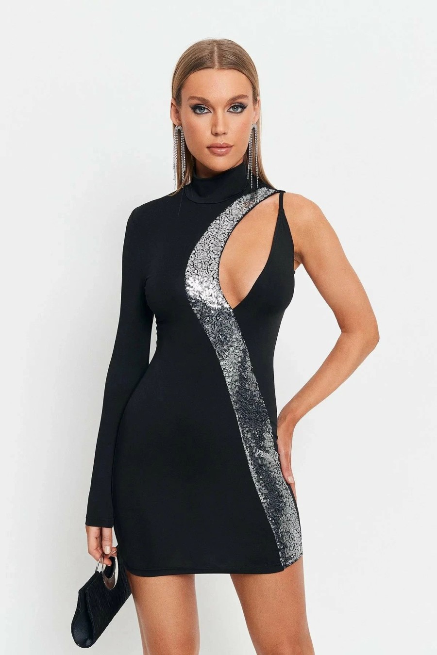 Online * Solado Cut Out Sequin Splicing One Sleeve Mini Dress Black