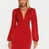 Online * Solado Plunging Neck Puff Sleeve Ruched Mini Dress Red