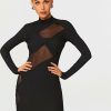 Best * Solado Mock Neck Mesh Splicing Long Sleeve Mini Dress Black