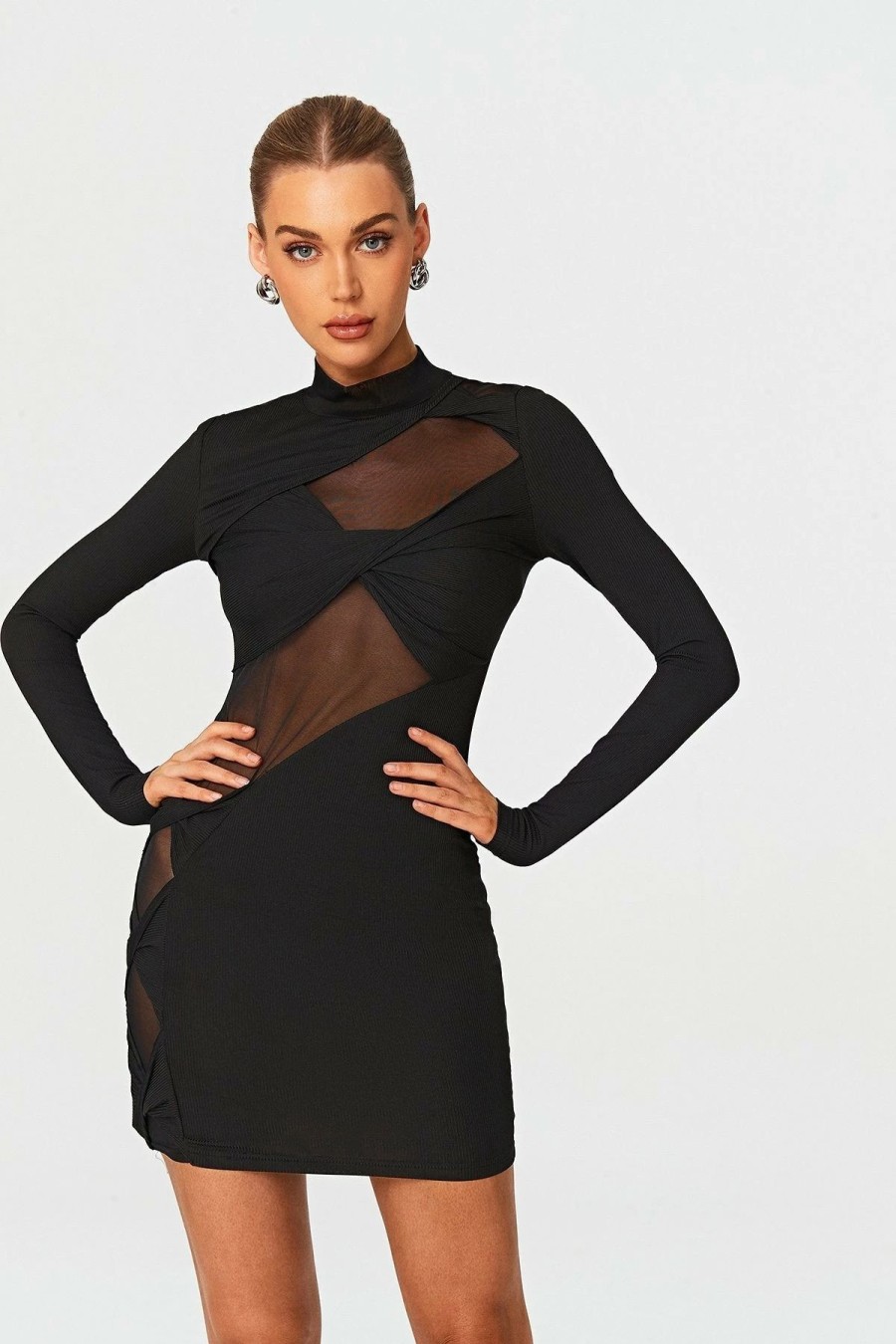 Best * Solado Mock Neck Mesh Splicing Long Sleeve Mini Dress Black