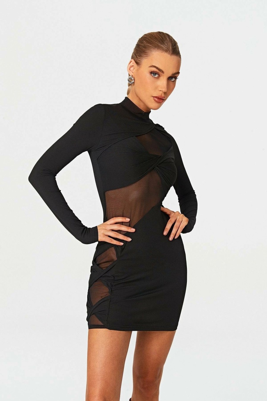 Best * Solado Mock Neck Mesh Splicing Long Sleeve Mini Dress Black