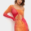 Online * Solado Gradient One Sleeve Ruched Drawstring Mesh Mini Dress Orange