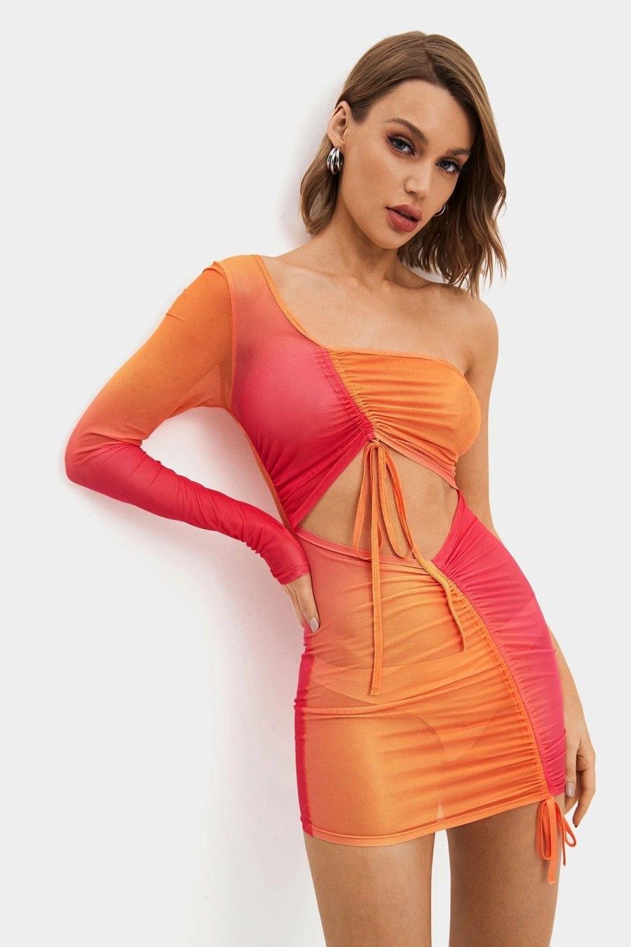 Online * Solado Gradient One Sleeve Ruched Drawstring Mesh Mini Dress Orange