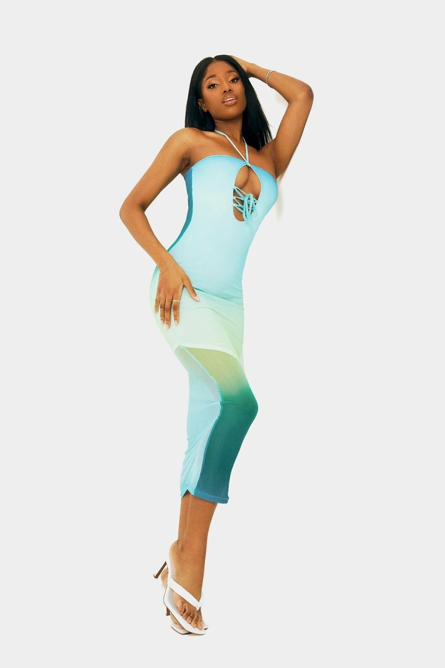 Hot * Solado Mesh Gradient Lace Up Halter Neck Maxi Dress Aqua